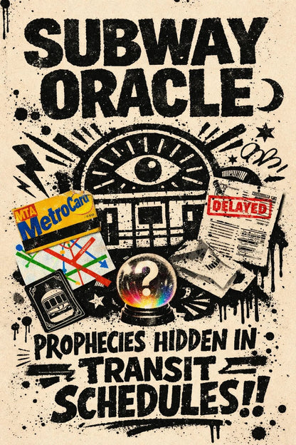 Risograph inspired poster with gritty stamp texture, rebellious collage elements, and bold expressive typography on a vintage paper background: Subway Oracle