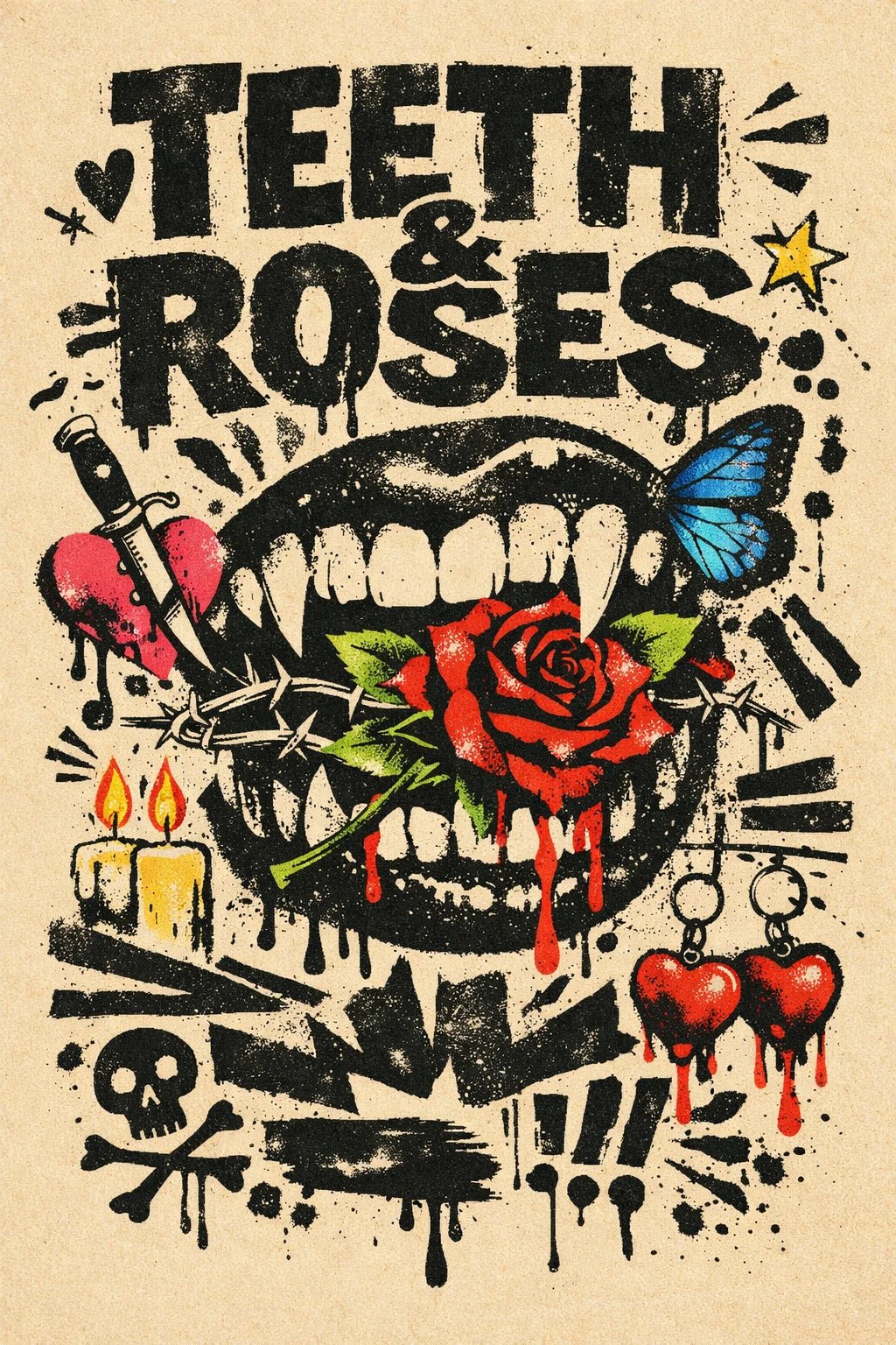 Risograph inspired poster with gritty stamp texture, rebellious collage elements, and bold expressive typography on a vintage paper background: Teeth & Roses