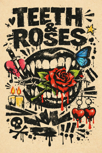 Risograph inspired poster with gritty stamp texture, rebellious collage elements, and bold expressive typography on a vintage paper background: Teeth & Roses