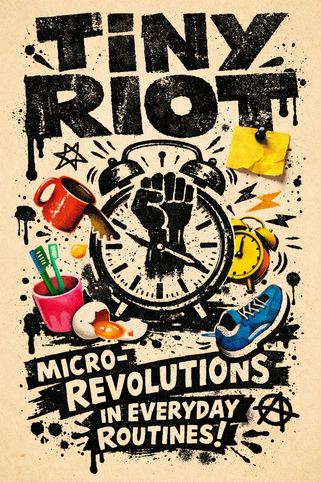 Risograph inspired poster with gritty stamp texture, rebellious collage elements, and bold expressive typography on a vintage paper background: Tiny Riot