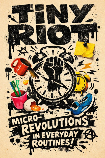 Risograph inspired poster with gritty stamp texture, rebellious collage elements, and bold expressive typography on a vintage paper background: Tiny Riot