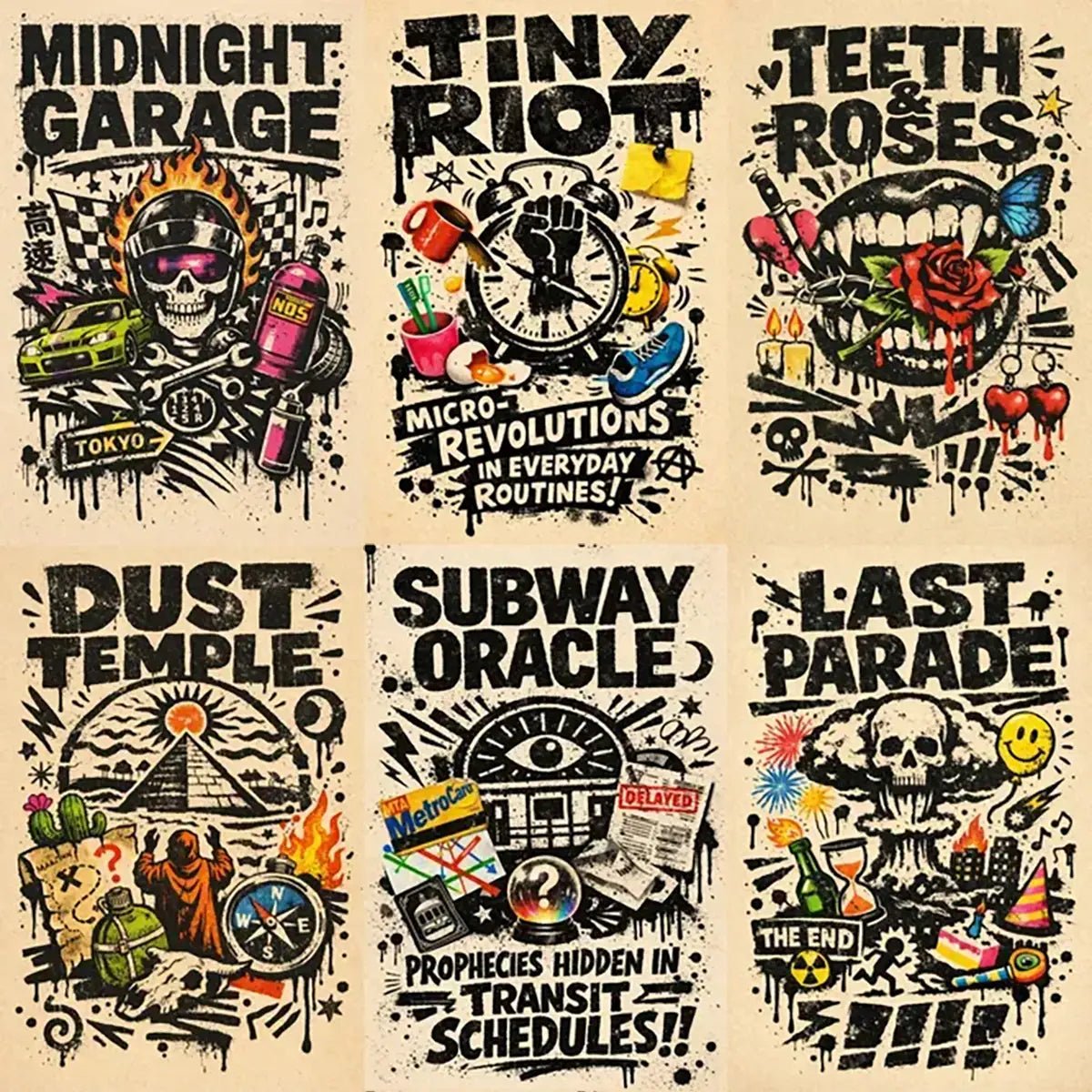 Example output from the Playful Riso Stamp Poster Designs ChatGPT prompt: risograph-inspired poster grid with gritty stamp textures, rebellious collage elements, and bold expressive typography on a vintage paper background.