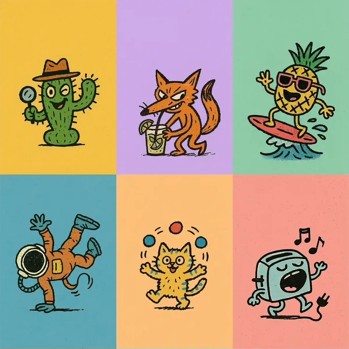 Example output from the Playful Tiny Doodle Illustration ChatGPT prompt: cartoon-like characters including a detective cactus, breakdancing astronaut, juggling kitten, and singing toaster—drawn in raw ink outlines and solid grainy colors on pastel backgrounds.