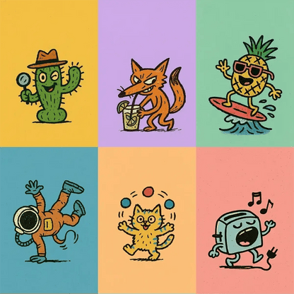 Example output from the Playful Tiny Doodle Illustration ChatGPT prompt: cartoon-like characters including a detective cactus, breakdancing astronaut, juggling kitten, and singing toaster—drawn in raw ink outlines and solid grainy colors on pastel backgrounds.
