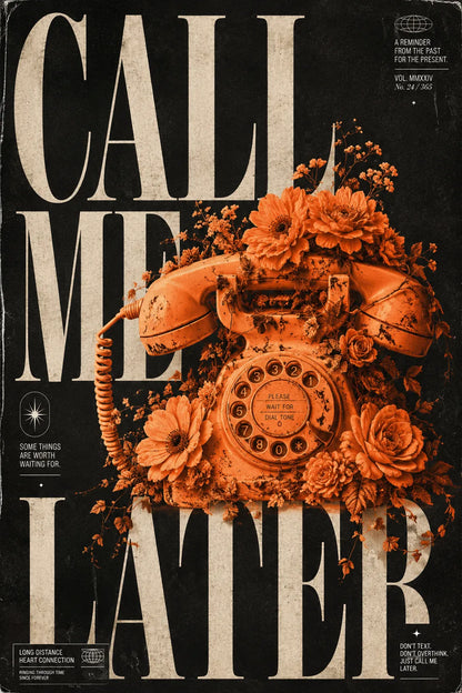 Example output from the Poetic Editorial Duotone Posters ChatGPT prompt: a poster reading Call Me Later, with an orange duotone rotary telephone wrapped in flowers.