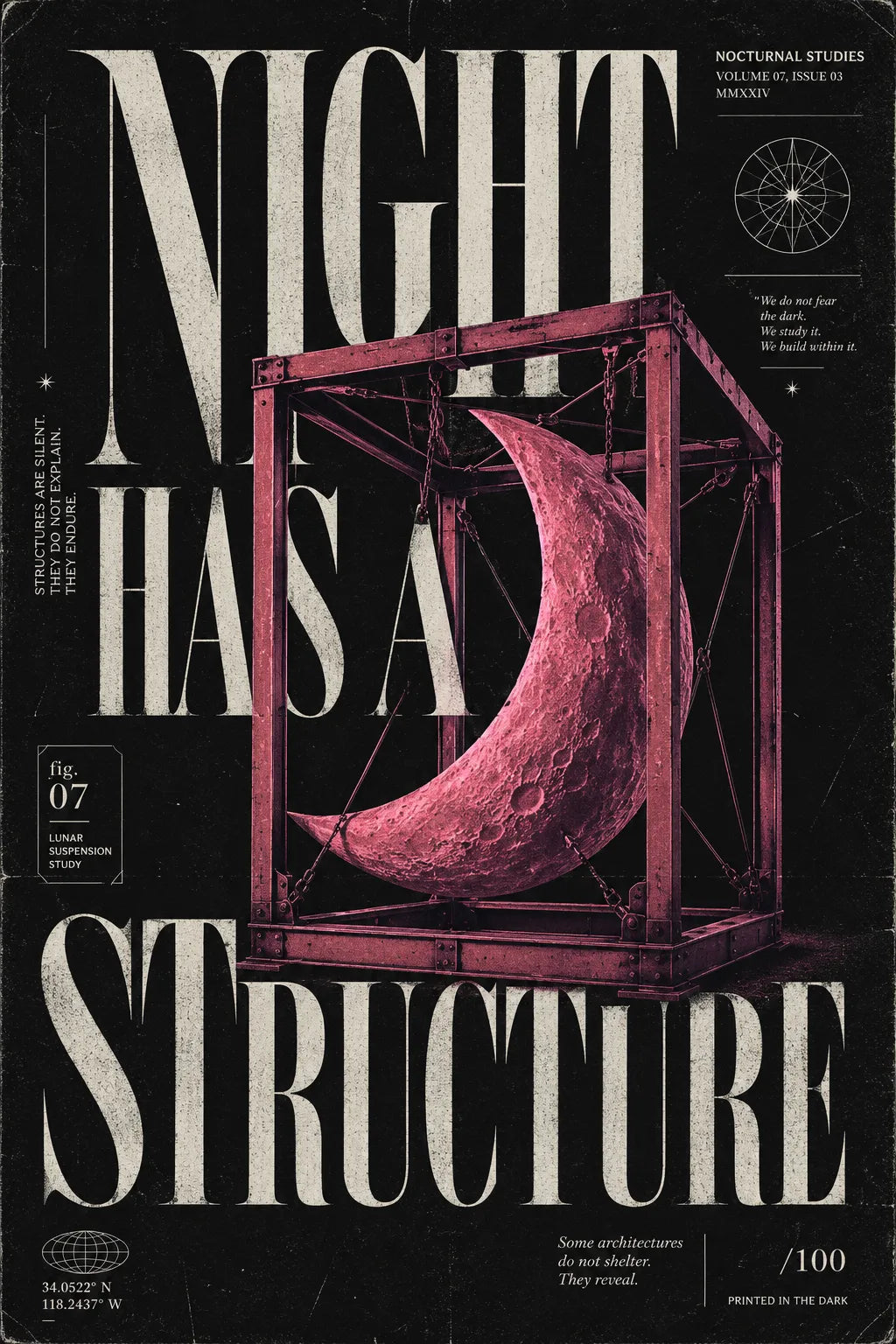 Example output from the Poetic Editorial Duotone Posters ChatGPT prompt: a poster reading Night Has A Structure, with a pink crescent moon inside a steel frame over oversized serif type.