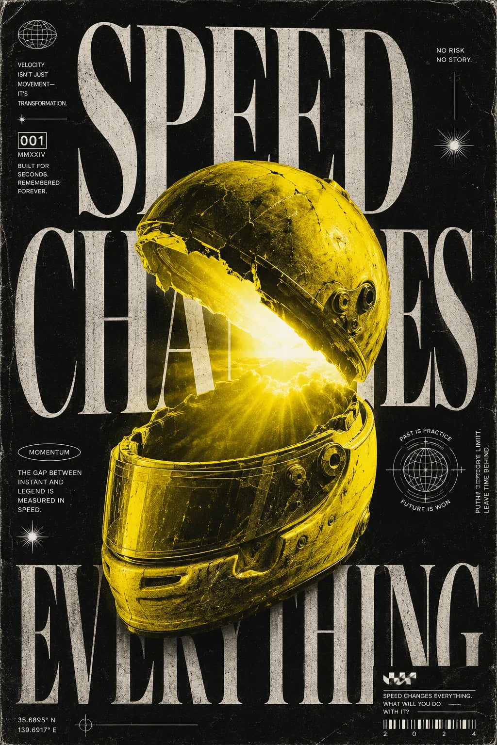 Example output from the Poetic Editorial Duotone Posters ChatGPT prompt: a poster reading Speed Changes Everything, with oversized editorial typography and a duotone object on a dark print-textured background.