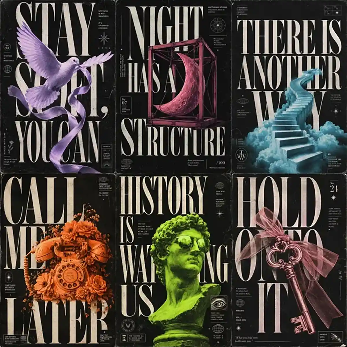 Example output from the Poetic Editorial Duotone Posters ChatGPT prompt: a six-poster grid of dark editorial posters with oversized serif typography and single duotone objects, reading Stay Soft You Can, Night Has A Structure, There Is Another Way, Call Me Later, History Is Watching Us and Hold On To It.