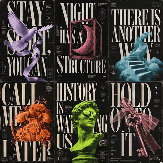 Example output from the Poetic Editorial Duotone Posters ChatGPT prompt: a six-poster grid of dark editorial posters with oversized serif typography and single duotone objects, reading Stay Soft You Can, Night Has A Structure, There Is Another Way, Call Me Later, History Is Watching Us and Hold On To It.