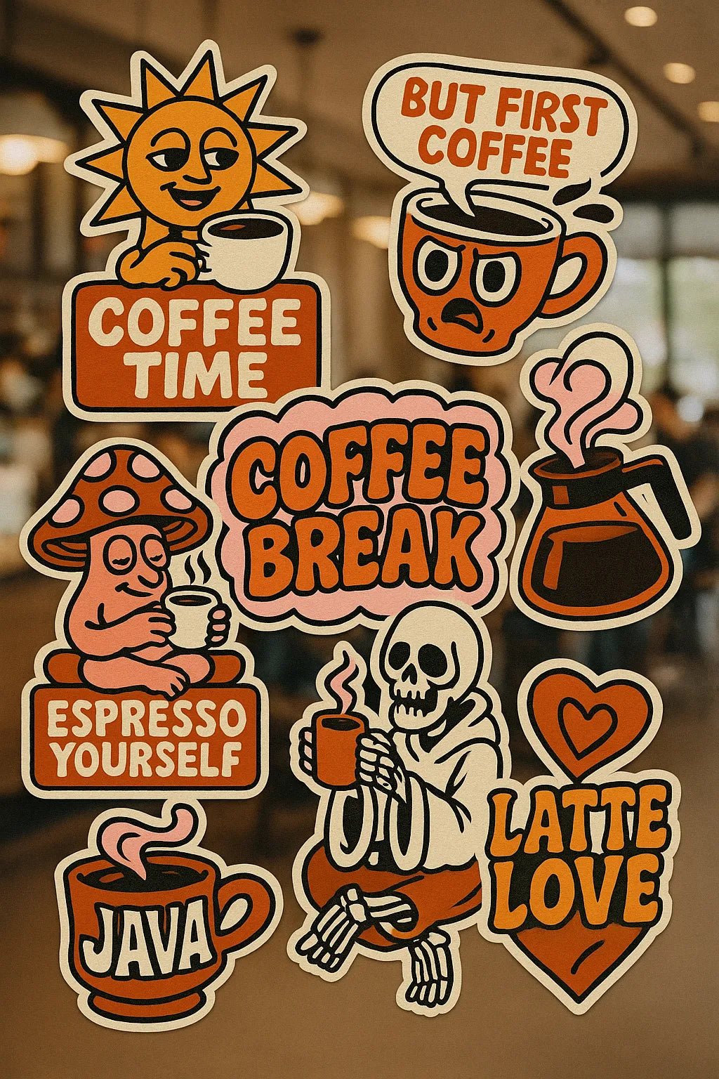 Example output from the Pop Art Sticker Collages ChatGPT prompt: Coffee Culture