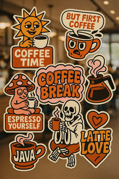 Example output from the Pop Art Sticker Collages ChatGPT prompt: Coffee Culture