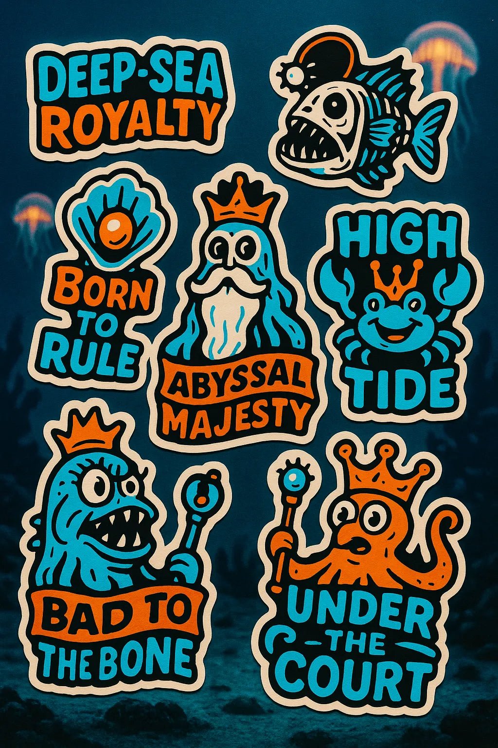 Example output from the Pop Art Sticker Collages ChatGPT prompt: Deep Sea Royalty