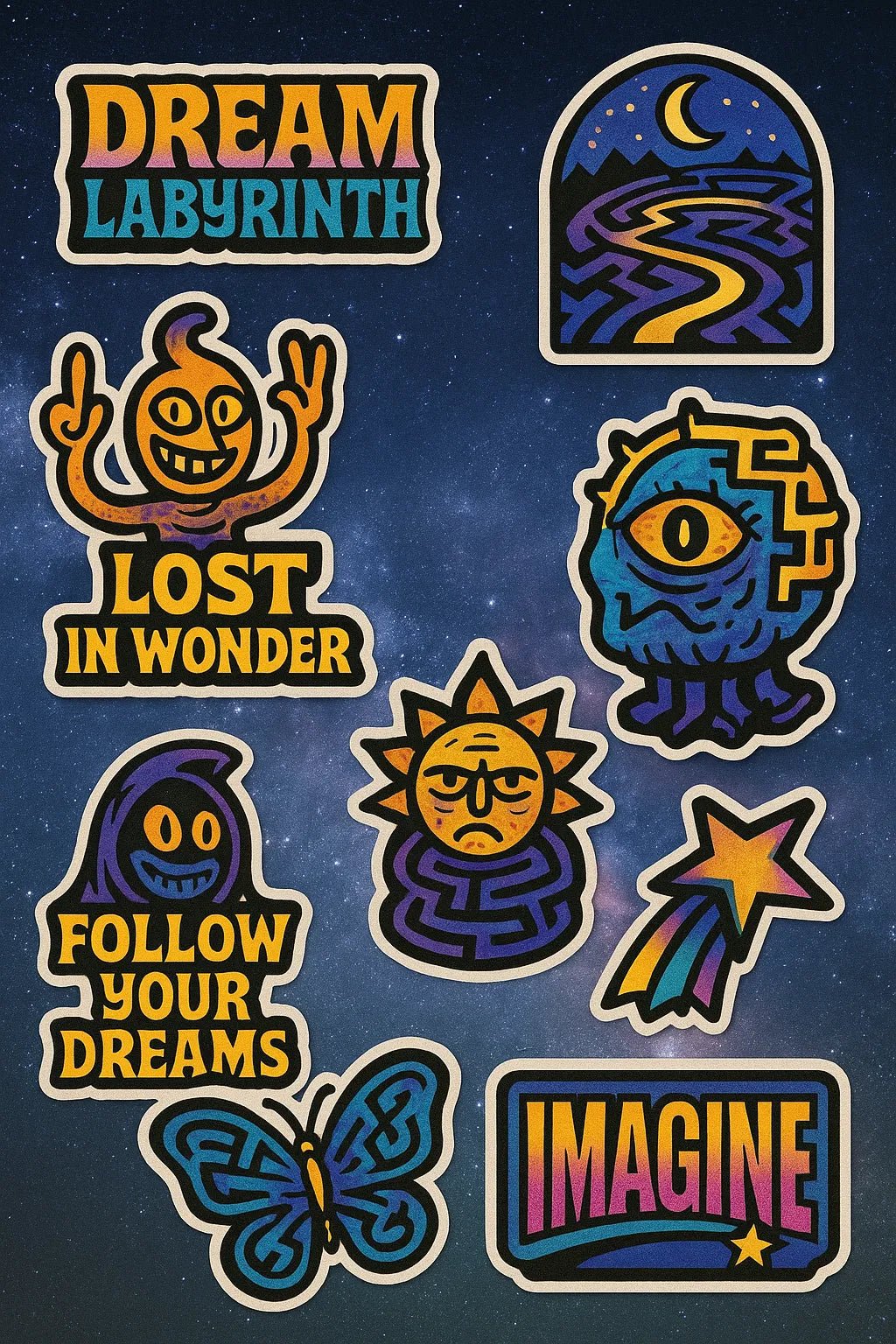 Example output from the Pop Art Sticker Collages ChatGPT prompt: Dream Labyrinth