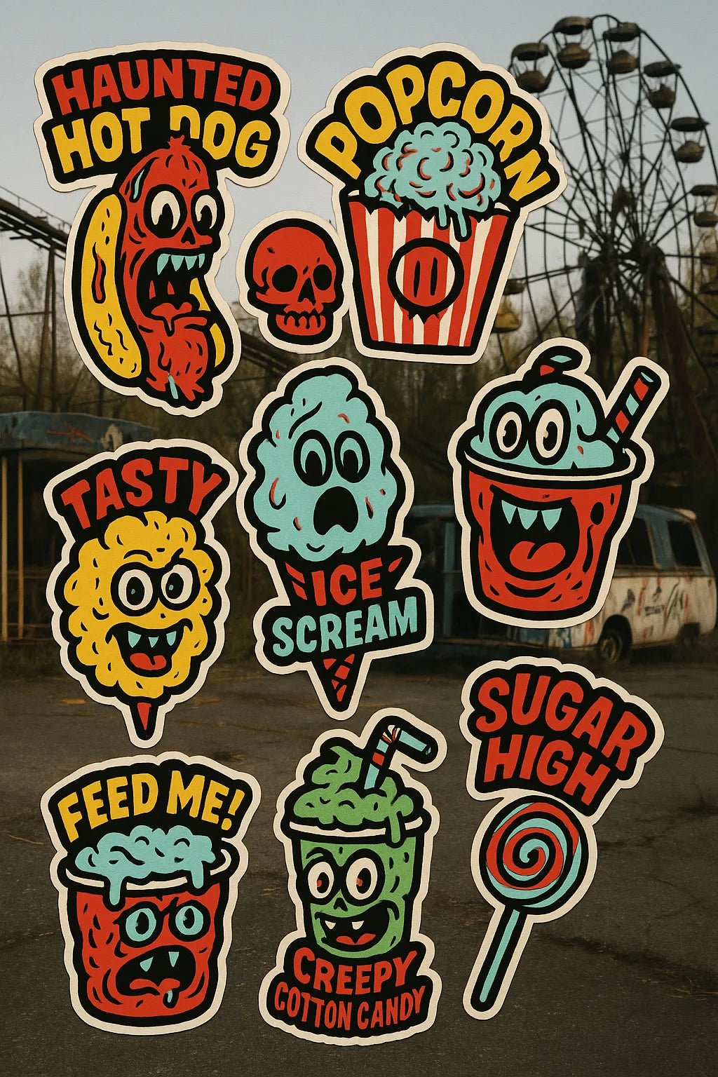 Example output from the Pop Art Sticker Collages ChatGPT prompt: Haunted Carnival Snacks