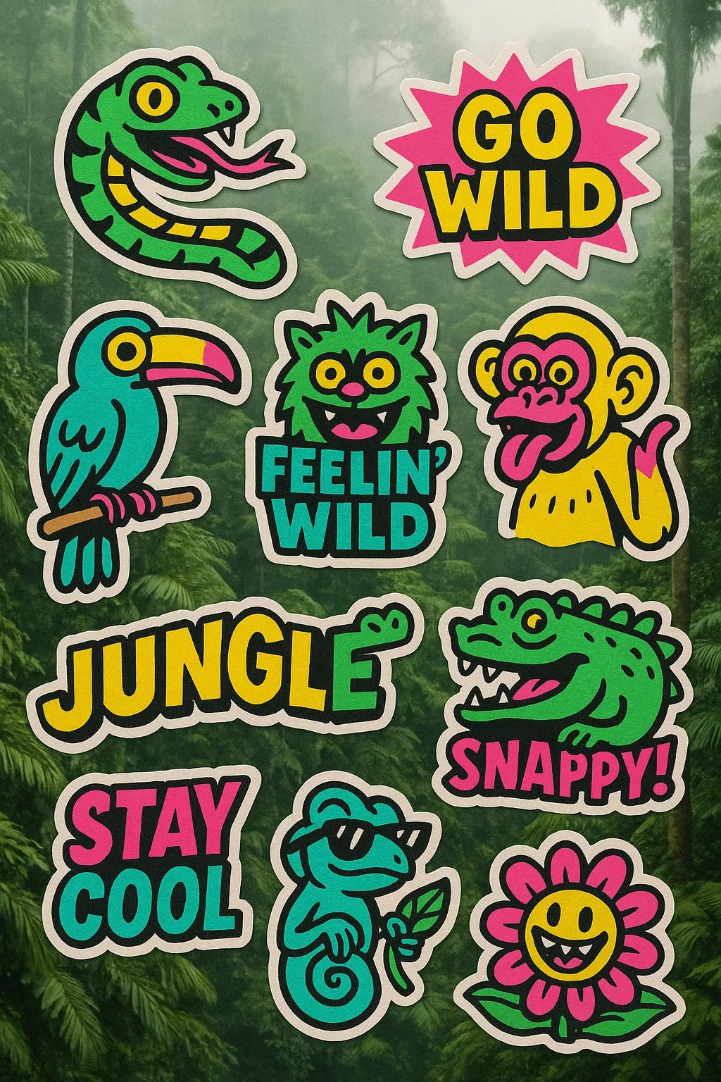 Example output from the Pop Art Sticker Collages ChatGPT prompt: Jungle Creatures