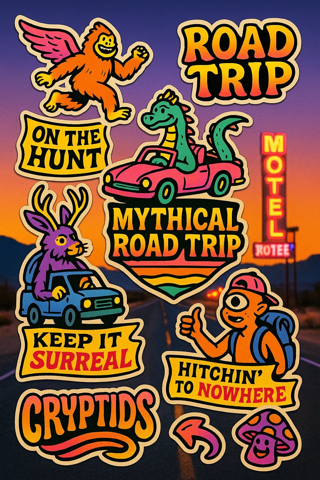 Example output from the Pop Art Sticker Collages ChatGPT prompt: Mythical Road Trip