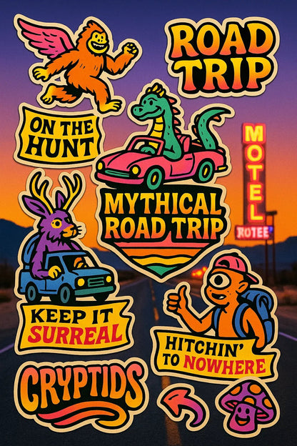 Example output from the Pop Art Sticker Collages ChatGPT prompt: Mythical Road Trip