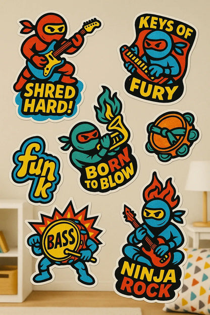 Example output from the Pop Art Sticker Collages ChatGPT prompt: Ninja Music Instruments