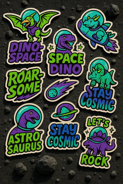 Example output from the Pop Art Sticker Collages ChatGPT prompt: Space Dinosaurs