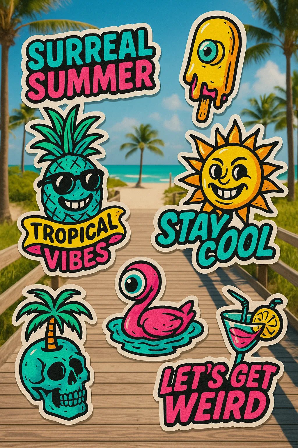 Example output from the Pop Art Sticker Collages ChatGPT prompt: Surreal Tropical Summer