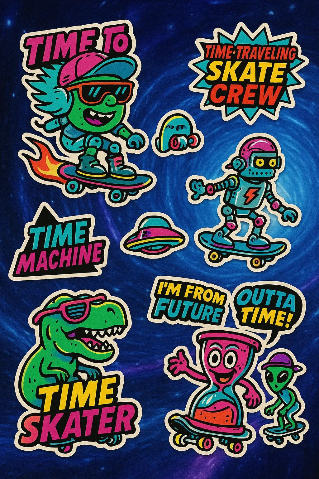 Example output from the Pop Art Sticker Collages ChatGPT prompt: Time Skater