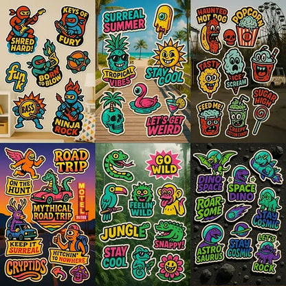 Example output from the Pop Art Sticker Collages ChatGPT prompt: bold 1990s-style pop-art stickers with surreal cartoon characters, vibrant typography, and photorealistic backgrounds.