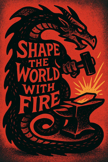 Example output from the Pop Graphic Poster Quote Art ChatGPT prompt: vibrant quote posters with textured graphic art, featuring retro palette duotones, bold typography, and expressive surreal motifs. Shape The World With Fire.
