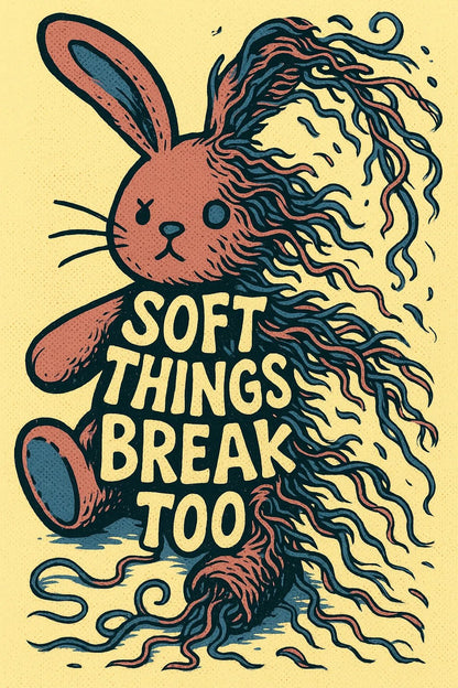 Example output from the Pop Graphic Poster Quote Art ChatGPT prompt: vibrant quote posters with textured graphic art, featuring retro palette duotones, bold typography, and expressive surreal motifs. Soft Things Break Too.