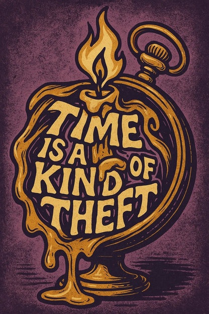 Example output from the Pop Graphic Poster Quote Art ChatGPT prompt: vibrant quote posters with textured graphic art, featuring retro palette duotones, bold typography, and expressive surreal motifs. Time is a Kind of Theft.