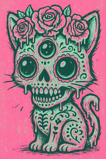 Example output of pop-surreal creepy-cute portrait generated by a ChatGPT prompt template, featuring high-contrast neon pastel illustration. Cat.