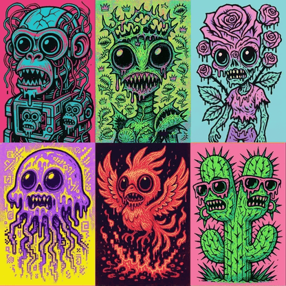 Example output of pop-surreal creepy-cute portraits generated by a ChatGPT prompt template, featuring high-contrast neon pastel illustrations with glossy oversized eyes, sketchy outlines, melting-drip details, and vaporwave street art vibes.