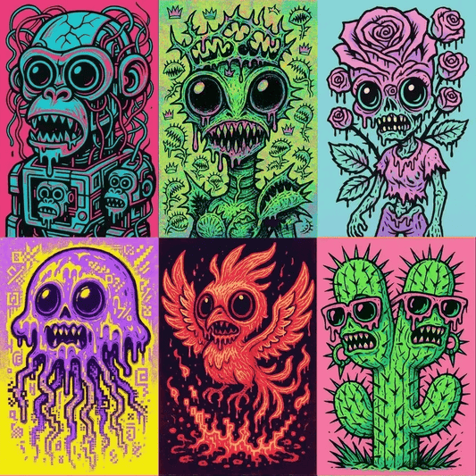 Example output of pop-surreal creepy-cute portraits generated by a ChatGPT prompt template, featuring high-contrast neon pastel illustrations with glossy oversized eyes, sketchy outlines, melting-drip details, and vaporwave street art vibes.