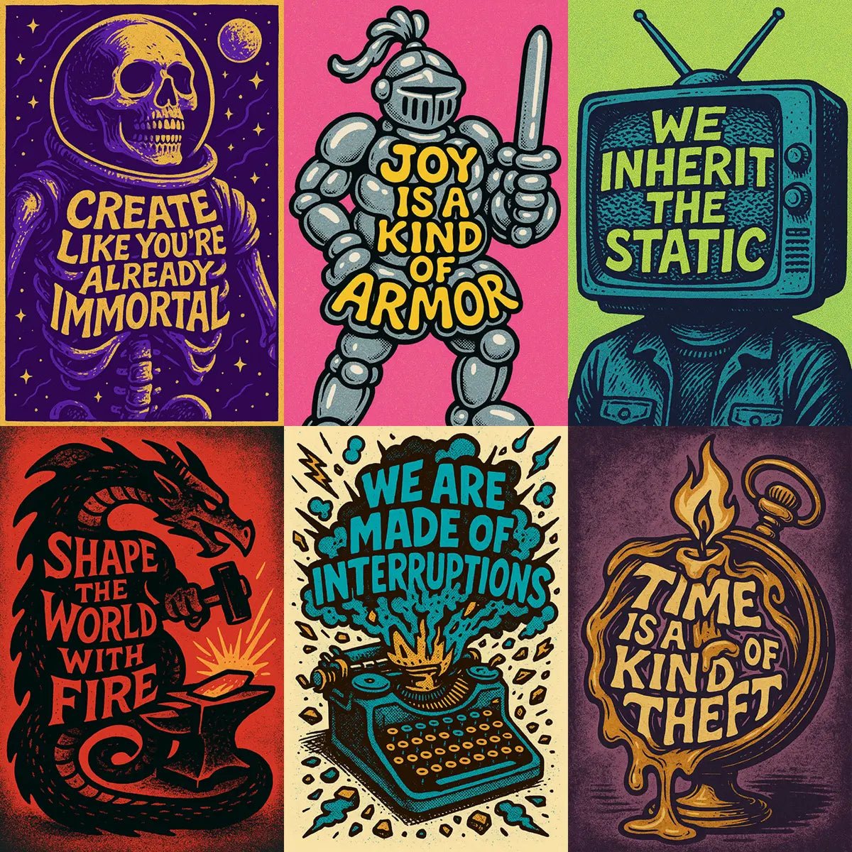 Example output from the Pop Graphic Poster Quote Art ChatGPT prompt: vibrant quote posters with textured graphic art, featuring retro palette duotones, bold typography, and expressive surreal motifs.