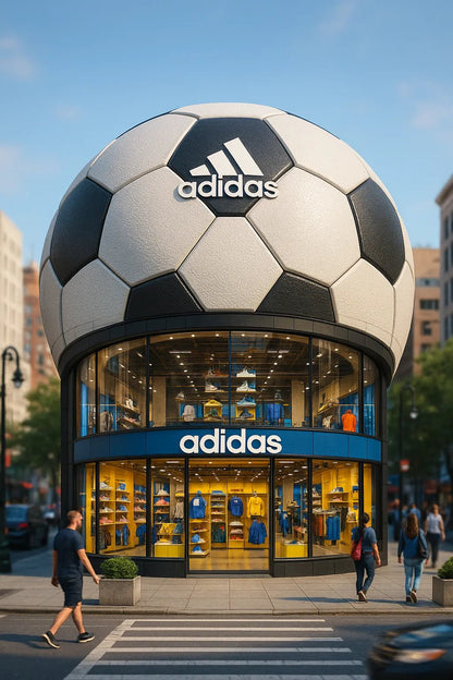Example output of portrait flagship store designs generated by a ChatGPT prompt template, featuring hyper-realistic 3D product-shaped storefronts. Adidas.