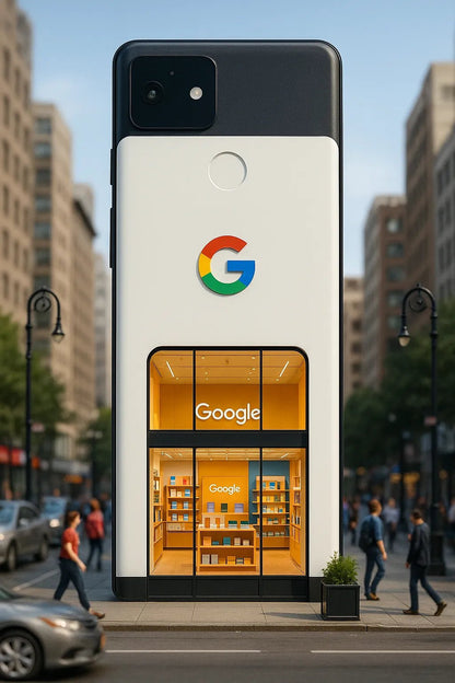 Example output of portrait flagship store designs generated by a ChatGPT prompt template, featuring hyper-realistic 3D product-shaped storefronts. Google.
