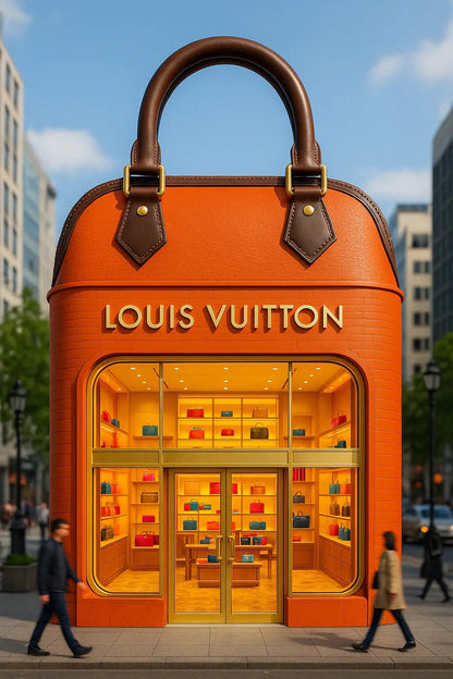 Example output of portrait flagship store designs generated by a ChatGPT prompt template, featuring hyper-realistic 3D product-shaped storefronts. Louis Vuitton.