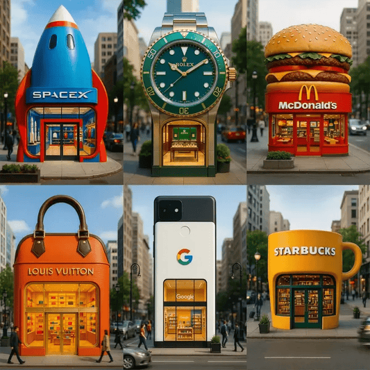 Example output of portrait flagship store designs generated by a ChatGPT prompt template, featuring hyper-realistic 3D product-shaped storefronts with bright pop-color textures, DSLR-style shallow depth-of-field, and a blurred urban background.