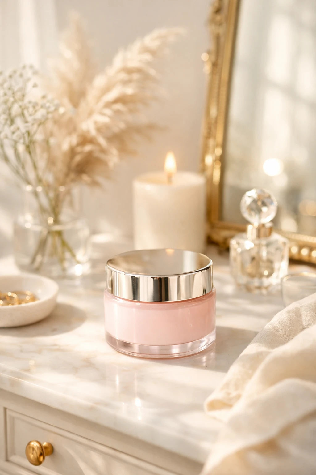 Luxury skincare and perfume product mockup styled with warm natural light and spa-inspired editorial aesthetic: Anti-Aging Cream Jar
