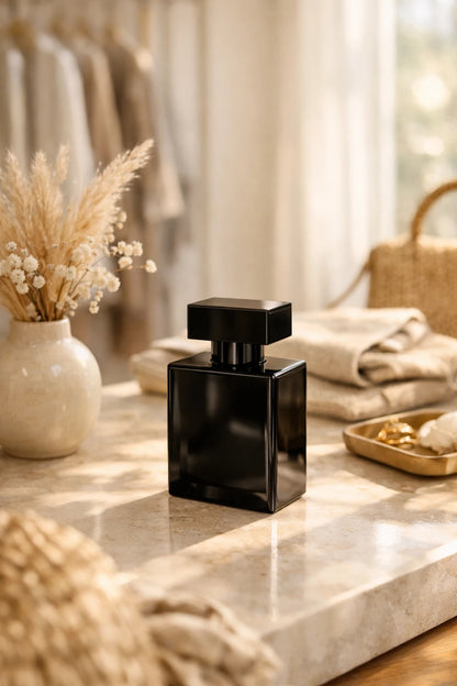 Luxury skincare and perfume product mockup styled with warm natural light and spa-inspired editorial aesthetic: Black Perfume Bottle