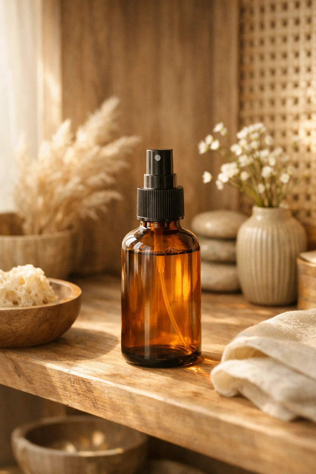 Luxury skincare and perfume product mockup styled with warm natural light and spa-inspired editorial aesthetic: Botanical Toner Bottle