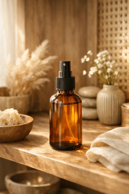 Luxury skincare and perfume product mockup styled with warm natural light and spa-inspired editorial aesthetic: Botanical Toner Bottle