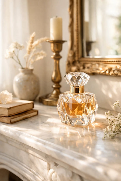 Luxury skincare and perfume product mockup styled with warm natural light and spa-inspired editorial aesthetic: Designer Perfume Bottle