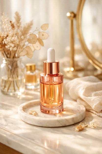 Luxury skincare and perfume product mockup styled with warm natural light and spa-inspired editorial aesthetic: Facial Oil Bottle