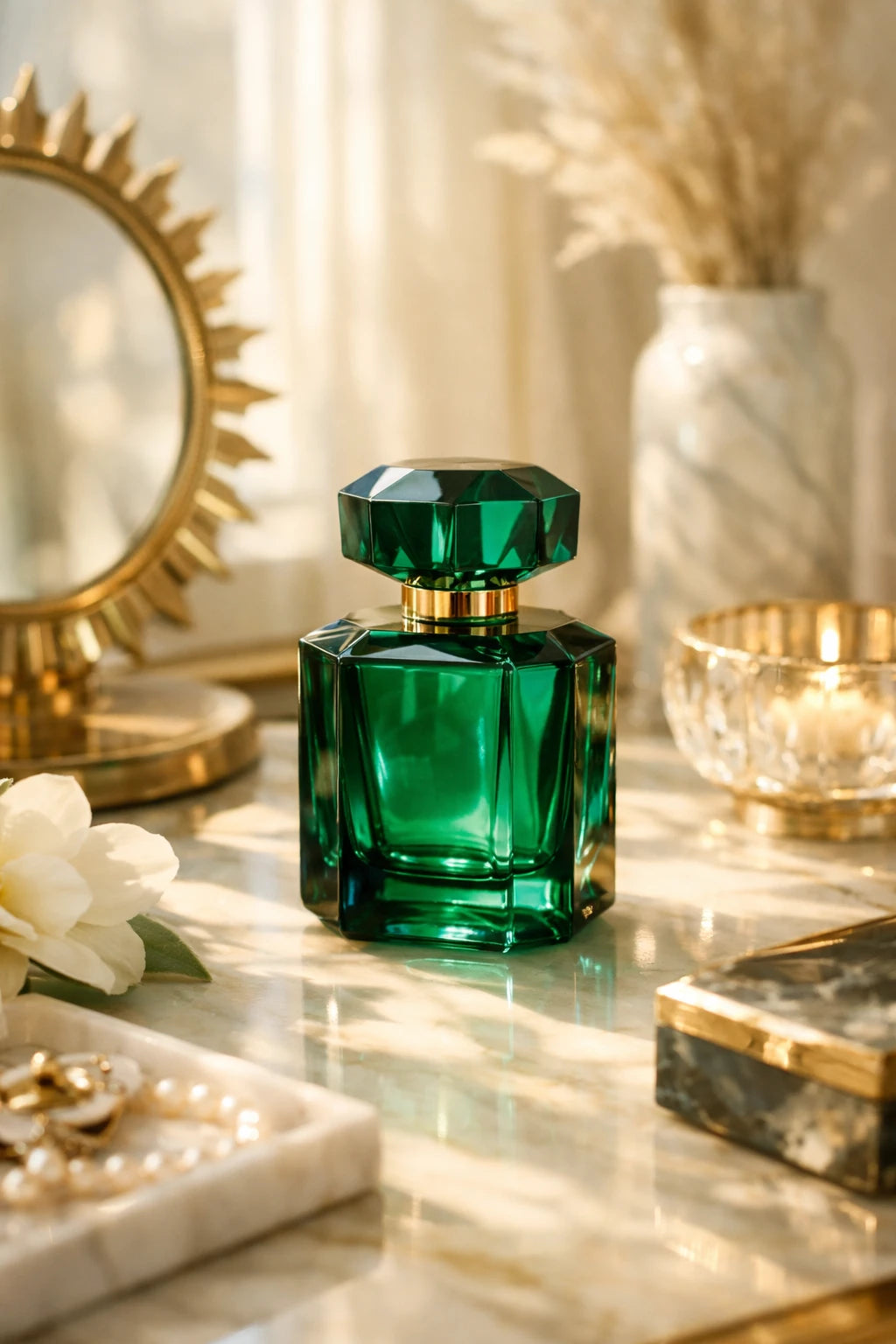 Luxury skincare and perfume product mockup styled with warm natural light and spa-inspired editorial aesthetic: Green Glass Perfume