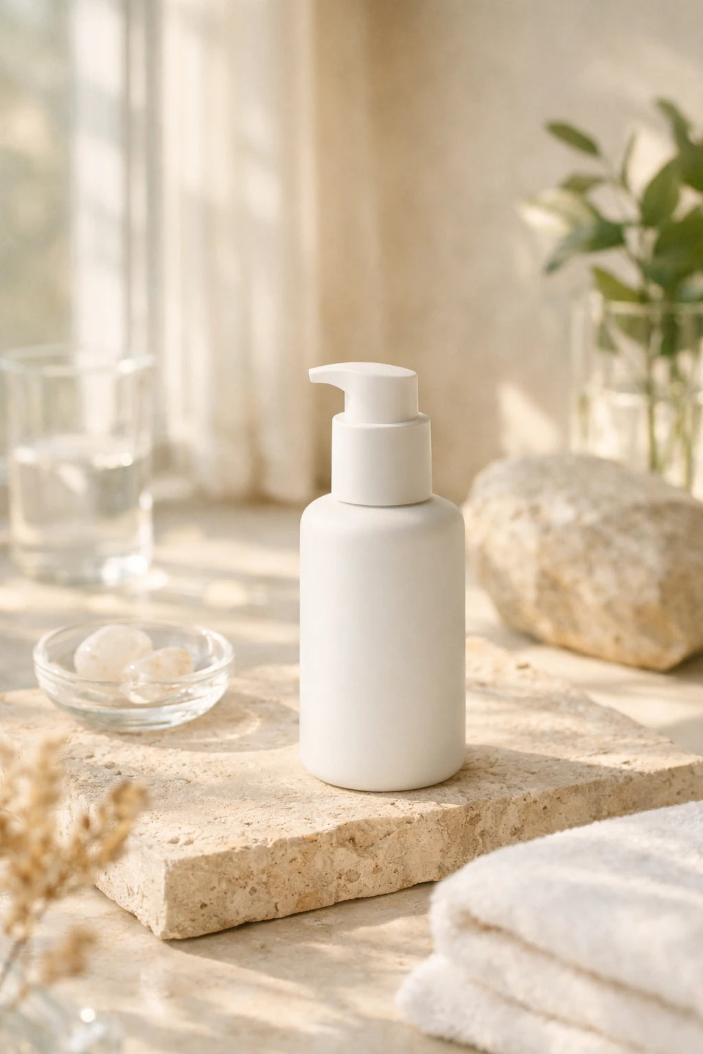 Luxury skincare and perfume product mockup styled with warm natural light and spa-inspired editorial aesthetic: White Clinical Skincare Pump Bottle
