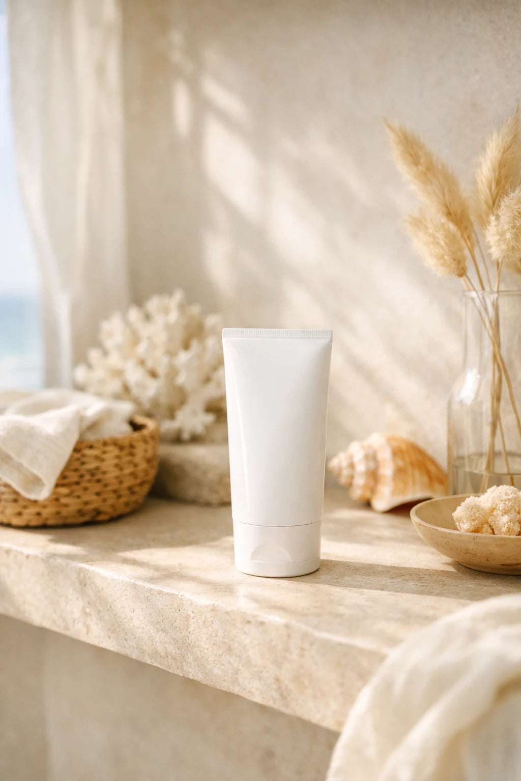 Luxury skincare and perfume product mockup styled with warm natural light and spa-inspired editorial aesthetic: White Sunscreen Bottle