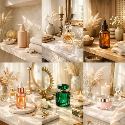 Luxury skincare and perfume product mockups styled on marble vanity with warm natural light and spa-inspired editorial aesthetic