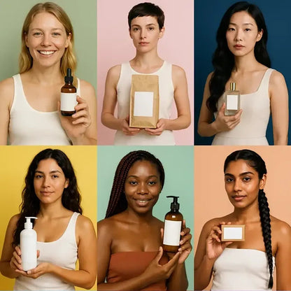 Example output from the Premium E-Commerce Product Mockup ChatGPT prompt: professional portraits of diverse models holding unlabeled beauty products, featuring clean studio lighting, soft pastel backgrounds, and realistic textures for ecommerce use.