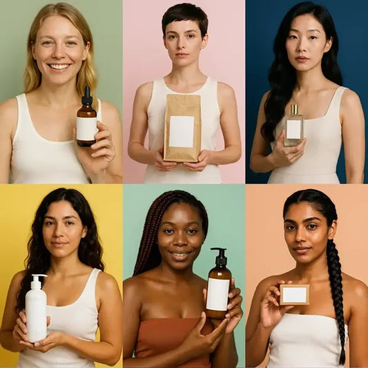 Example output from the Premium E-Commerce Product Mockup ChatGPT prompt: professional portraits of diverse models holding unlabeled beauty products, featuring clean studio lighting, soft pastel backgrounds, and realistic textures for ecommerce use.