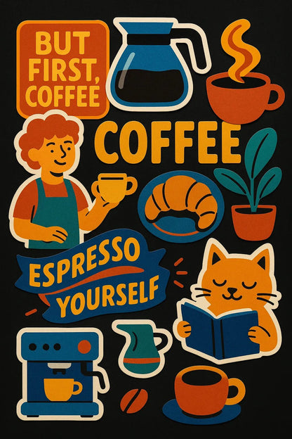 Example output from the Premium Popart Themed Stickers ChatGPT prompt: colorful sticker sheets with energetic modern designs. Coffee.